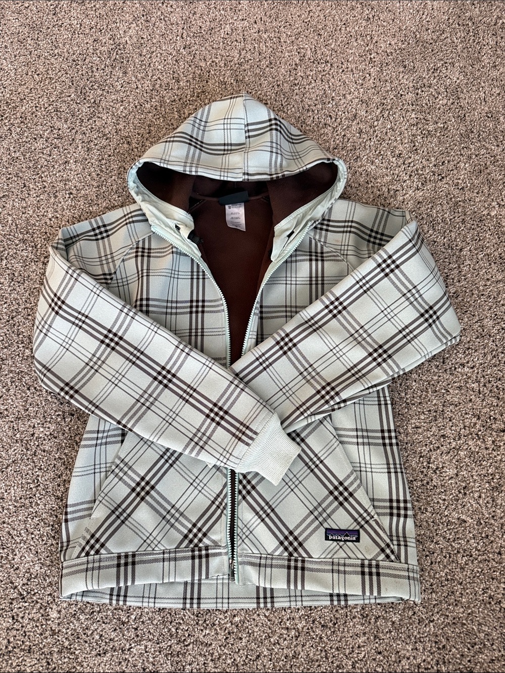 Patagonia Plaid Hooded Zip Jacket in Cream and Brown